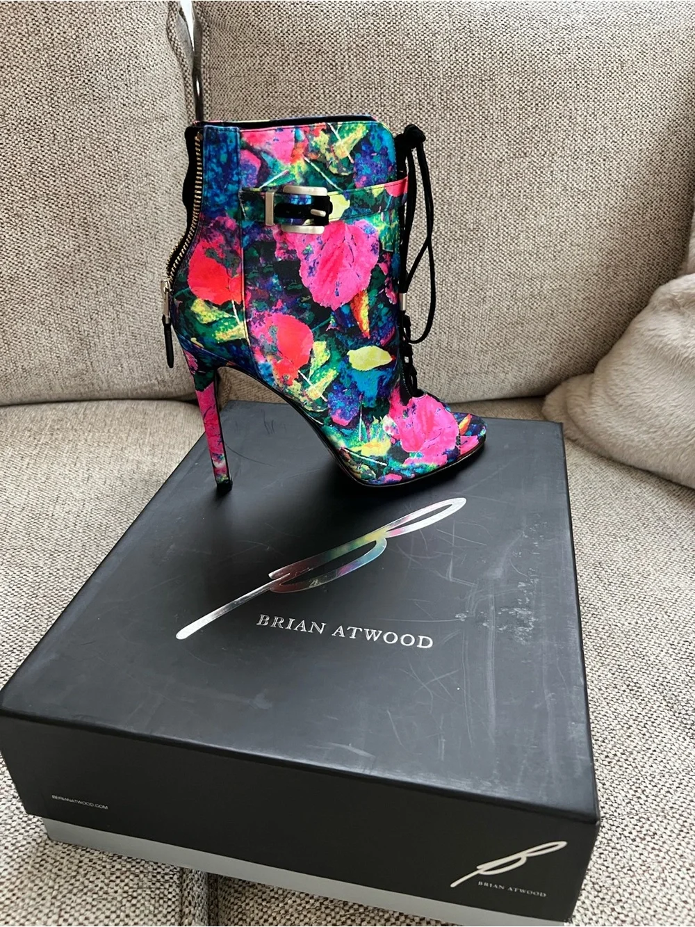 Brian Atwood Multicolor Floral Lace-Up Peep-Toe Stiletto Bootie